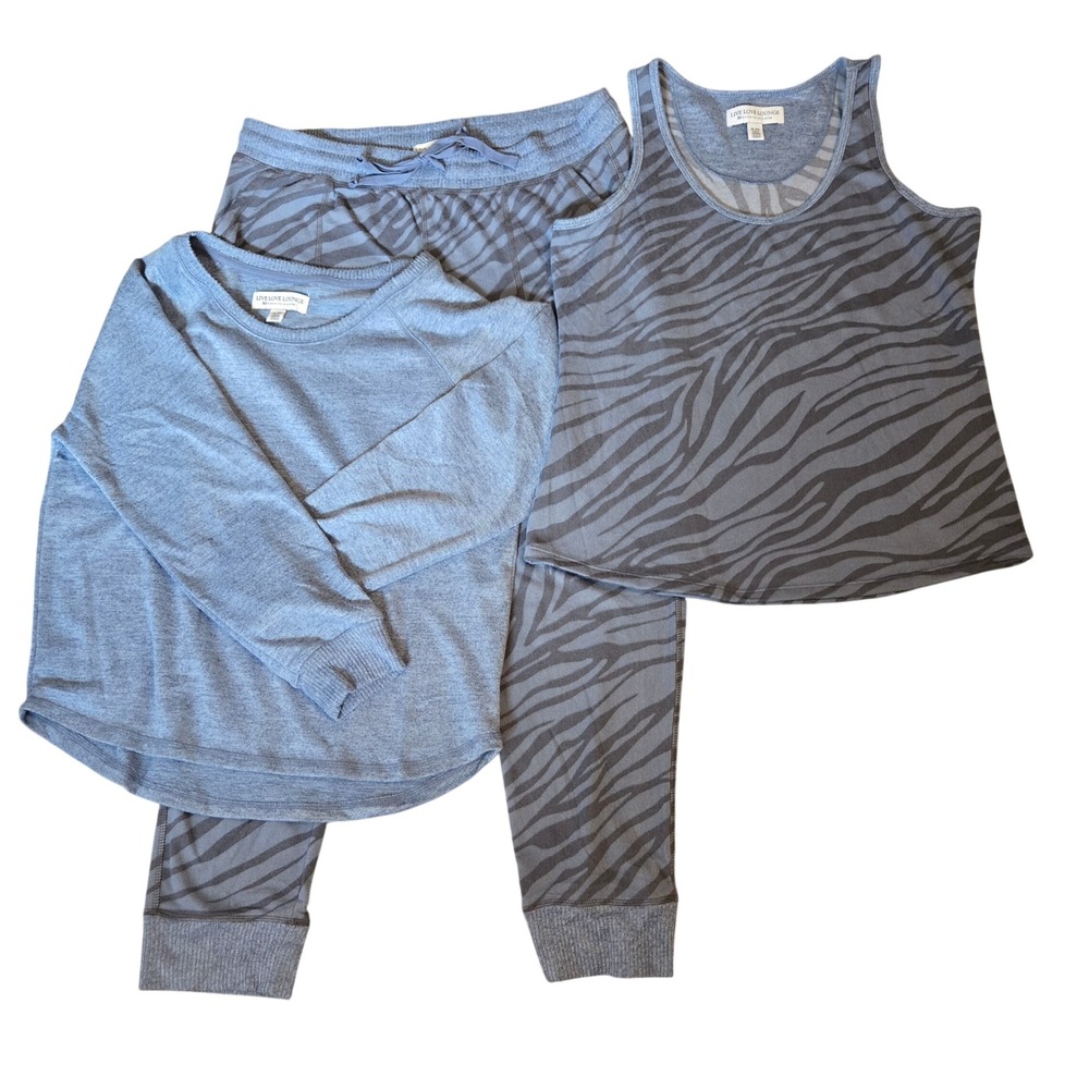 Live Love Lounge‎ Cozy Comfy 3pc Pajama Set Blue Zebra Print XL Sweatshirt Tank